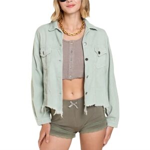 033. POL Bohemian Crop Raw Hems Corduroy Jacket In Sage Green